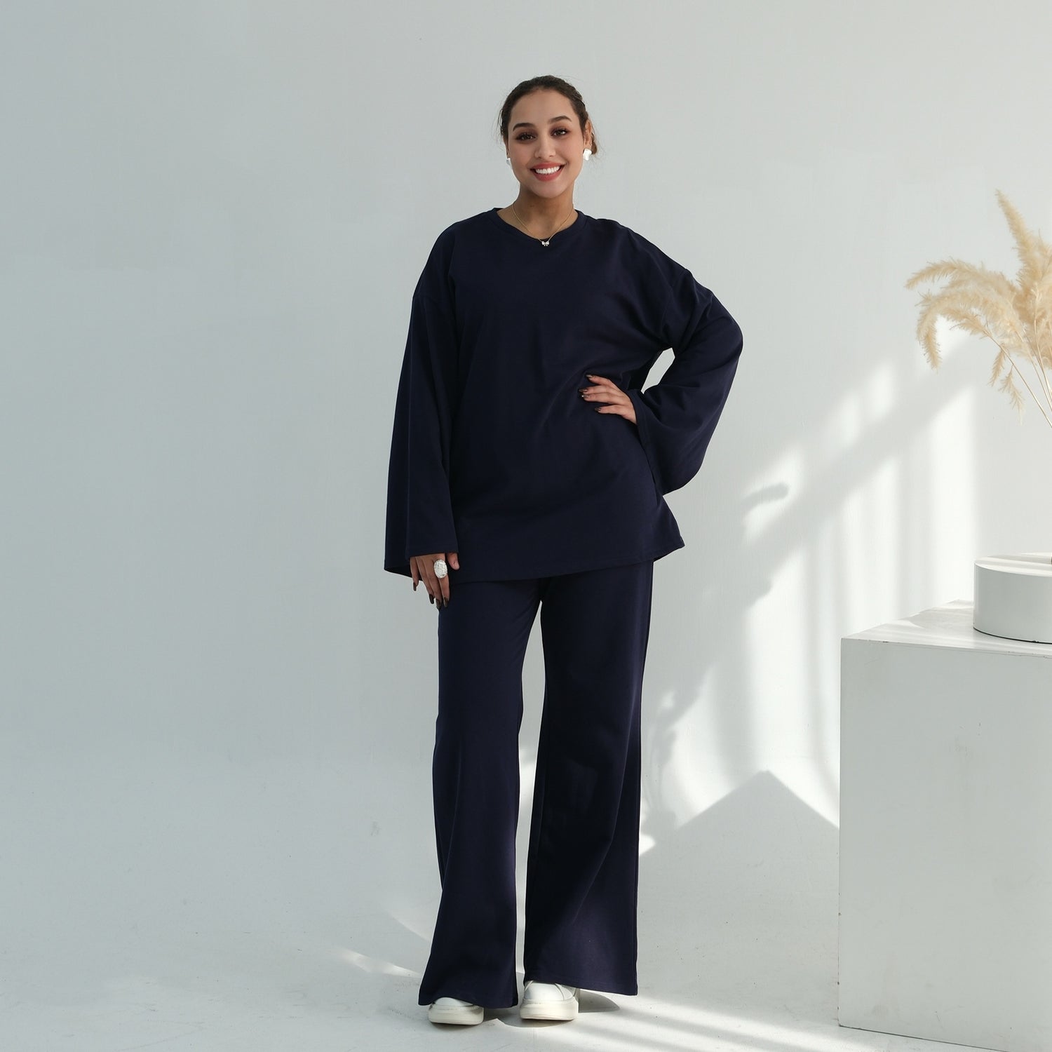Middle Eastern-style Minimalist And Elegant Long-sleeve Wide-leg Pants Set
