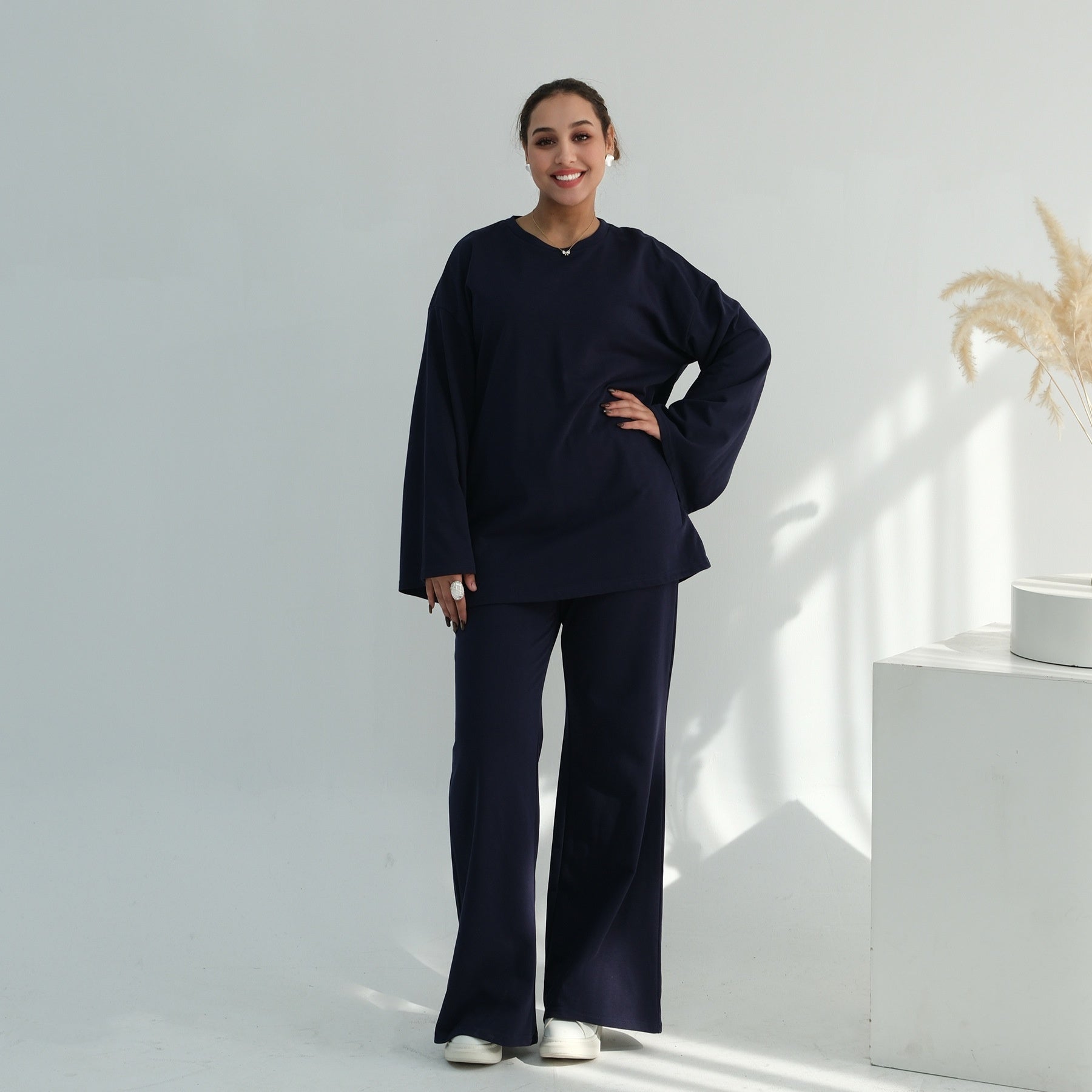 Middle Eastern-style Minimalist And Elegant Long-sleeve Wide-leg Pants Set