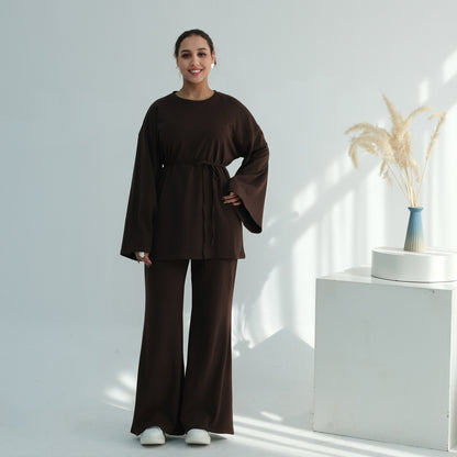 Middle Eastern-style Minimalist And Elegant Long-sleeve Wide-leg Pants Set