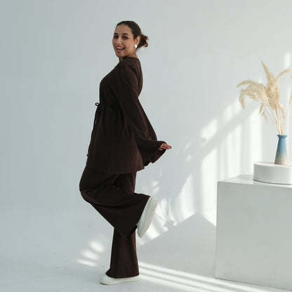 Middle Eastern-style Minimalist And Elegant Long-sleeve Wide-leg Pants Set