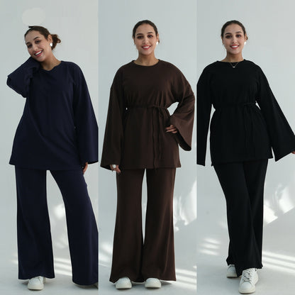 Middle Eastern-style Minimalist And Elegant Long-sleeve Wide-leg Pants Set